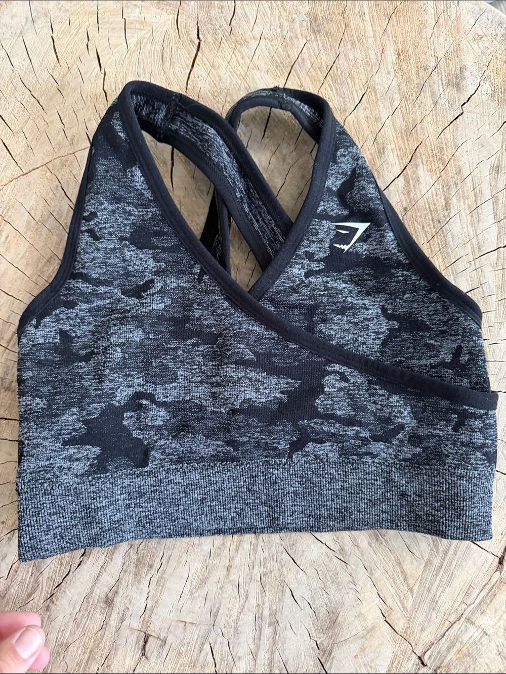 Gymshark Black & Gray Camouflage Seamless Cross-Back Sports Bra